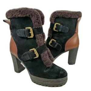 See by Chloe Boots Shearling Suede Leather Brown Black Cognac NWOB